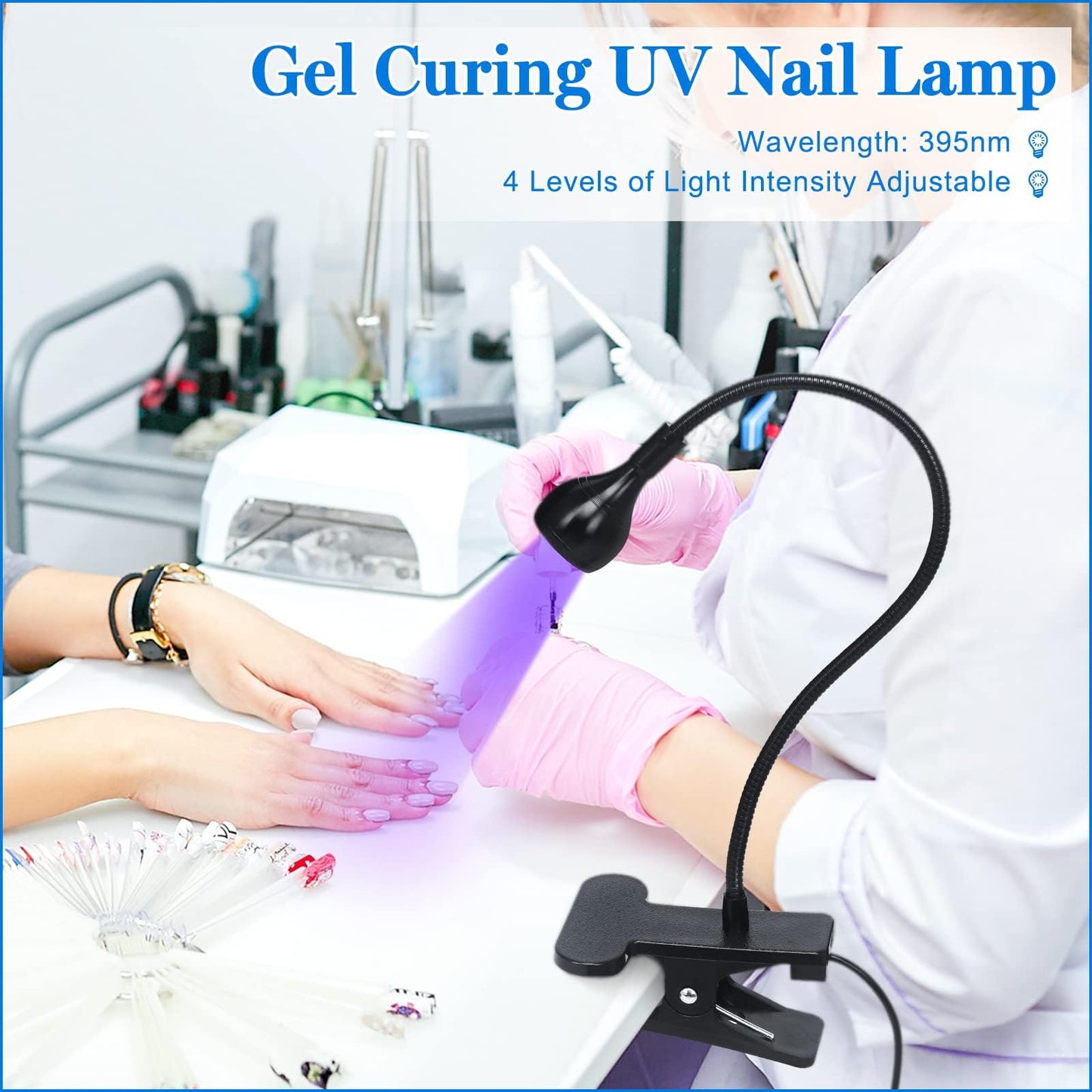 AORAEM Nail Lamp with UV Protection Gloves,3W LED Nail Manicure Dryer 35NM Curing Light with Black Gooseneck and Clamp for Gel Nails