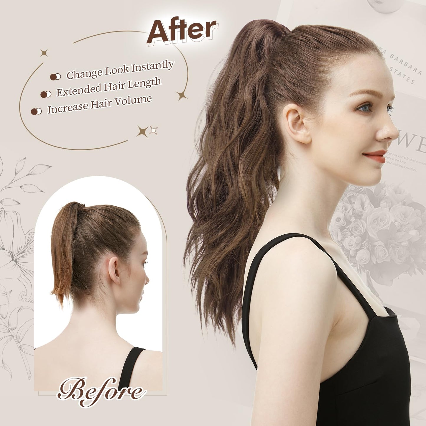 FESHFEN Ponytail Extensions, 20 inch Long Claw Clip in Ponytail Hairpiece Synthetic Pony Tails Hair Piece Natural Wavy Hairpieces for Women, Dark Brown & Caramel Blonde