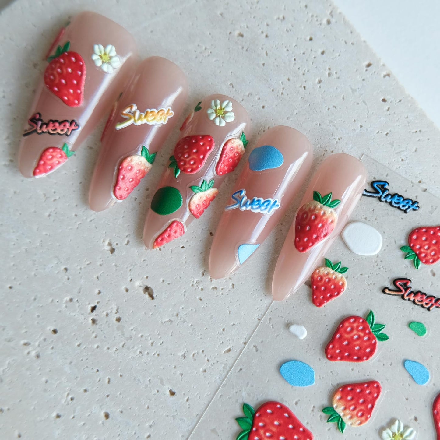 CESTSIREN Strawberry Nail Stickers, Embossed Cute Fruit Decals, Self-Adhesive Art Design, Accessories and Supplies for Women