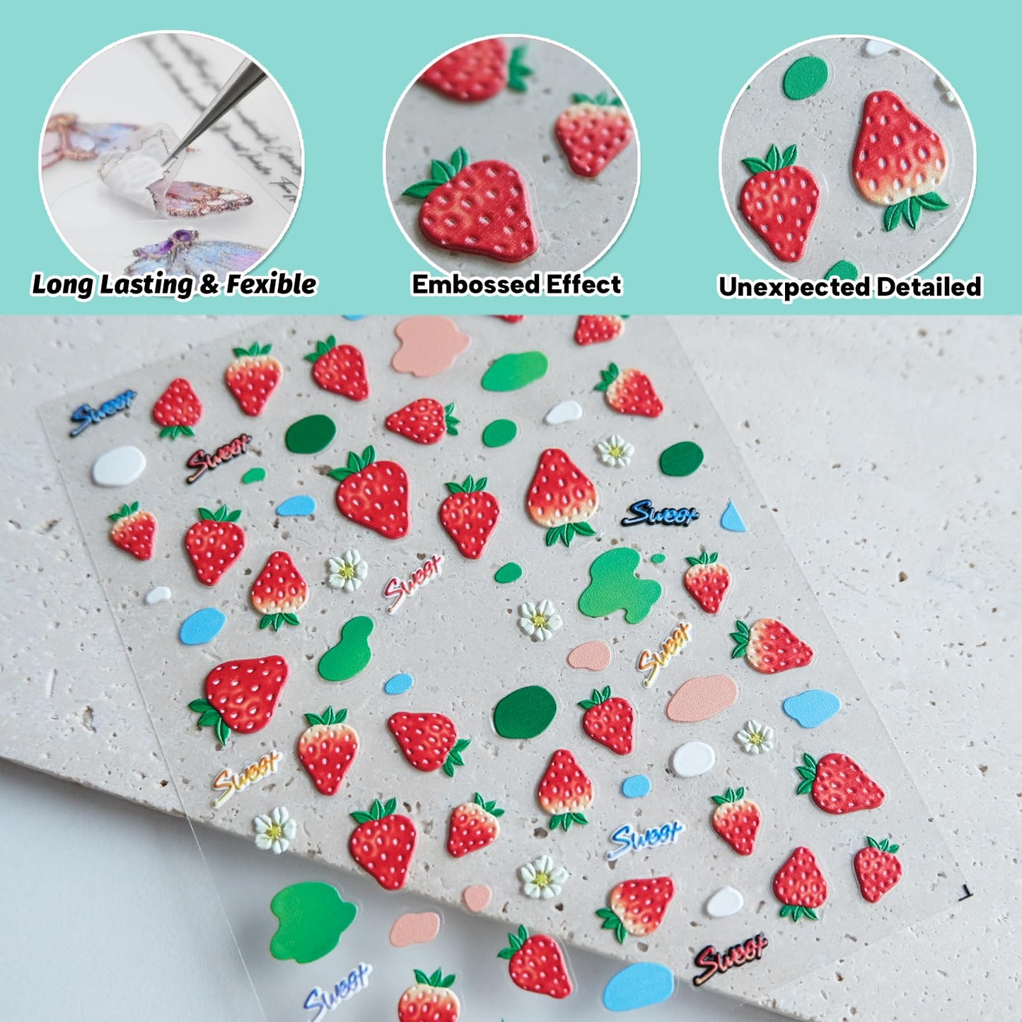CESTSIREN Strawberry Nail Stickers, Embossed Cute Fruit Decals, Self-Adhesive Art Design, Accessories and Supplies for Women