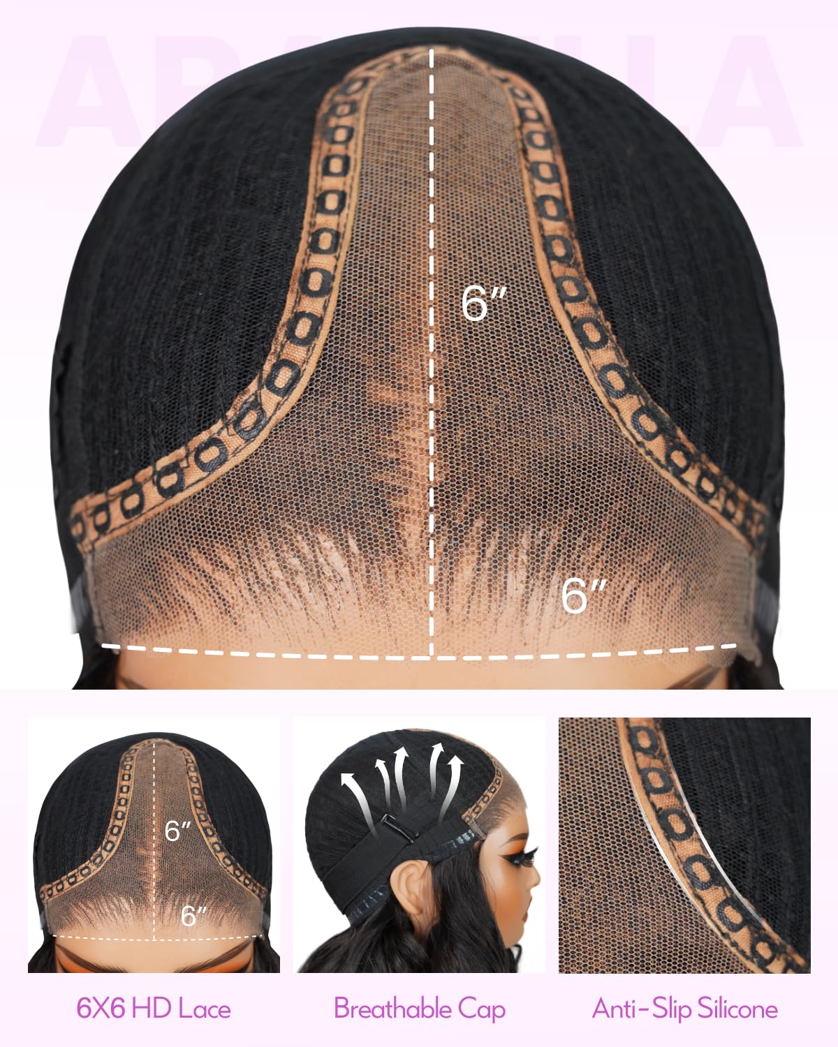 Arabella 6x6 Glueless Wigs Human Hair 230% Density Lace Front Wigs Bouncy Curl Wave Wig Pre Cut Lace Pre Bleached (18inch, 6x6 BNC Wig)