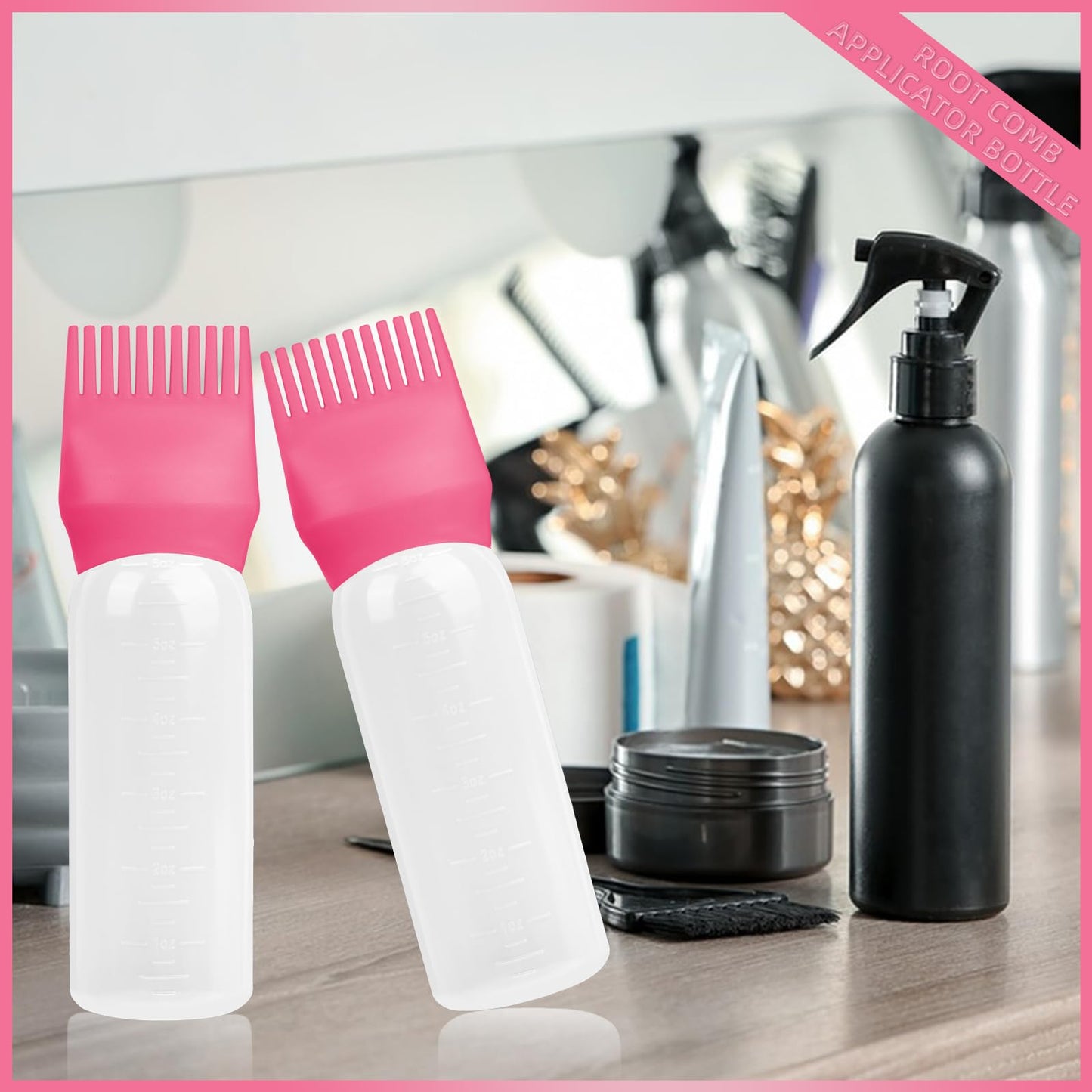 BLAAROOM Root Comb Applicator Bottle 6 Ounce, 4 Pack Hair Oil Applicator Bottle, Hair Dye Bottle Applicator Tools with Hair Oil Dispenser Root Comb Brush for Hair Oiling Applicator - Dark Pink