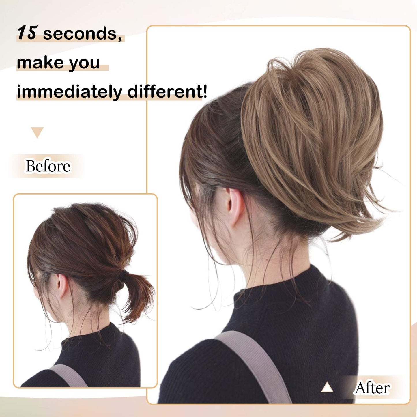 BARSDAR Brown Hair Bun Ponytail Extension, Straight Synthetic Hair Bun Hairpiece For Women, Fully Short Ponytail Bun Extensions Elastic Hair Bun Scrunchies Girls Daily - Light Golden Brown
