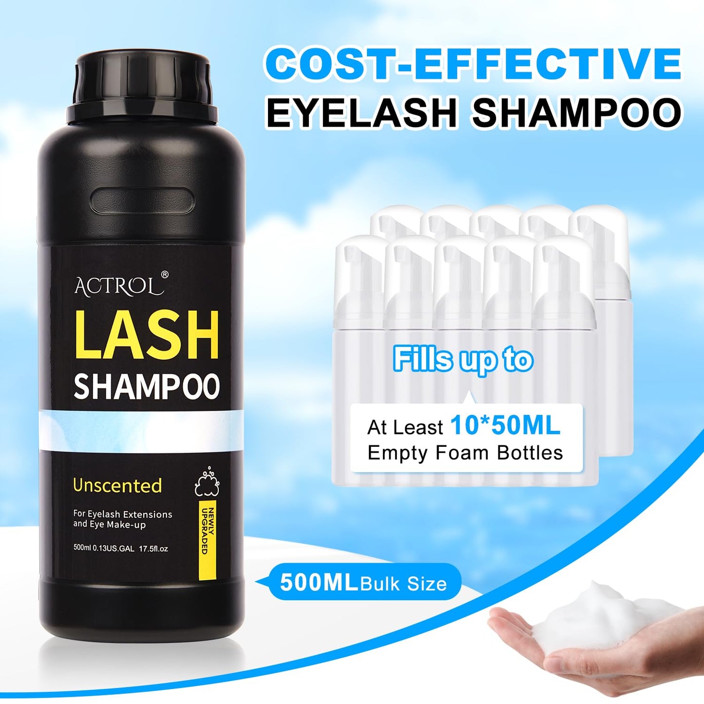 ACTROL Lash Shampoo 500ml Eyelash Cleanser Unscented Foam for Lash Wash and Salon or Home Care