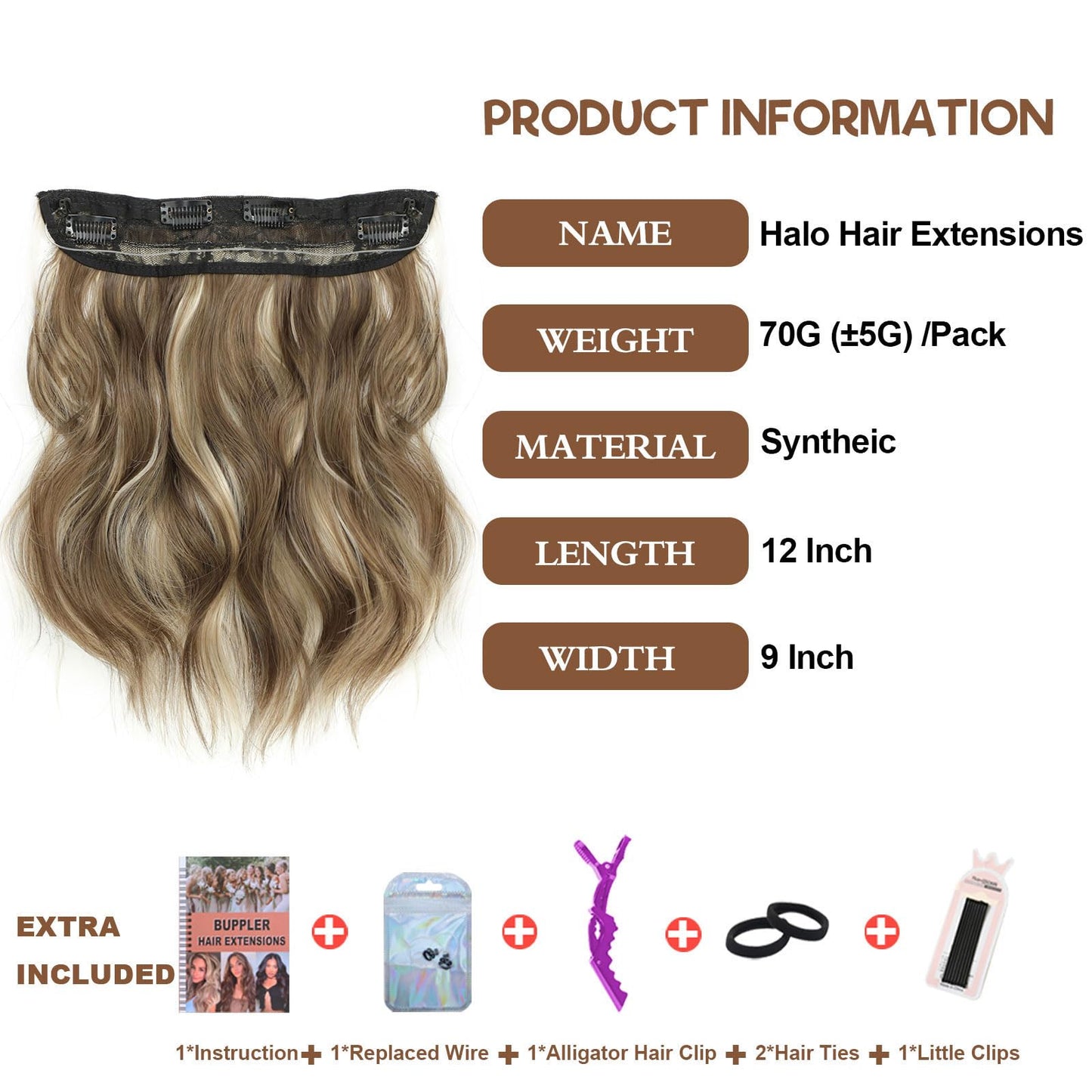 BUPPLER Halo Hair Extensions 12 Inch Invisible Wire Hair Extensions Adjustable Long Wavy Hairpiece Synthetic Upgrade 4 Secure Clips in Hairpieces 12 Inch,Medium Brown Mix Medium Blonde