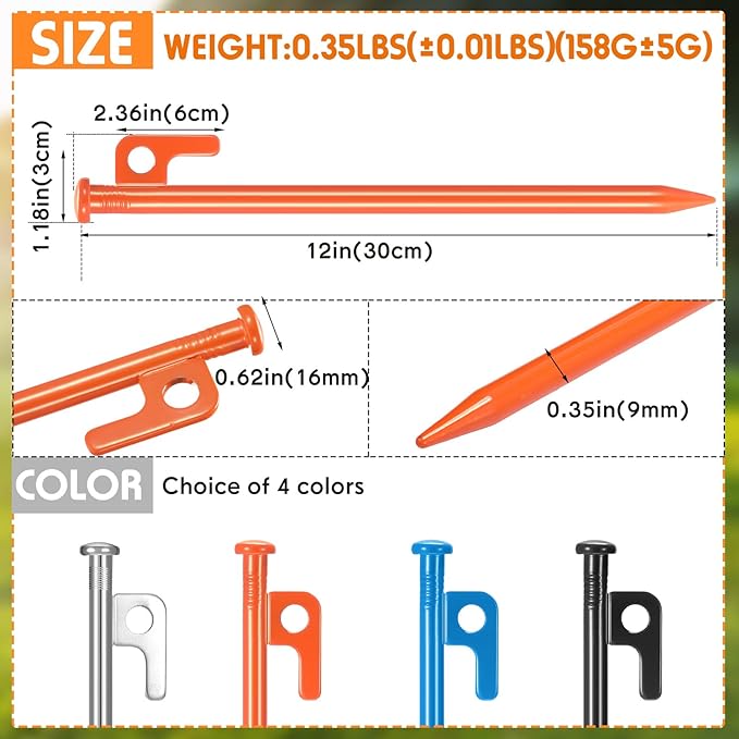 Blulu 24 Pcs 8/12/16 Inch Tent Stakes Heavy Duty Steel Metal Tent Pegs Unbreakable and Inflexible Metal Stakes Tent Spikes for Camping, Yard Decoration, Picnic, Tarp(Orange, 12 Inch)