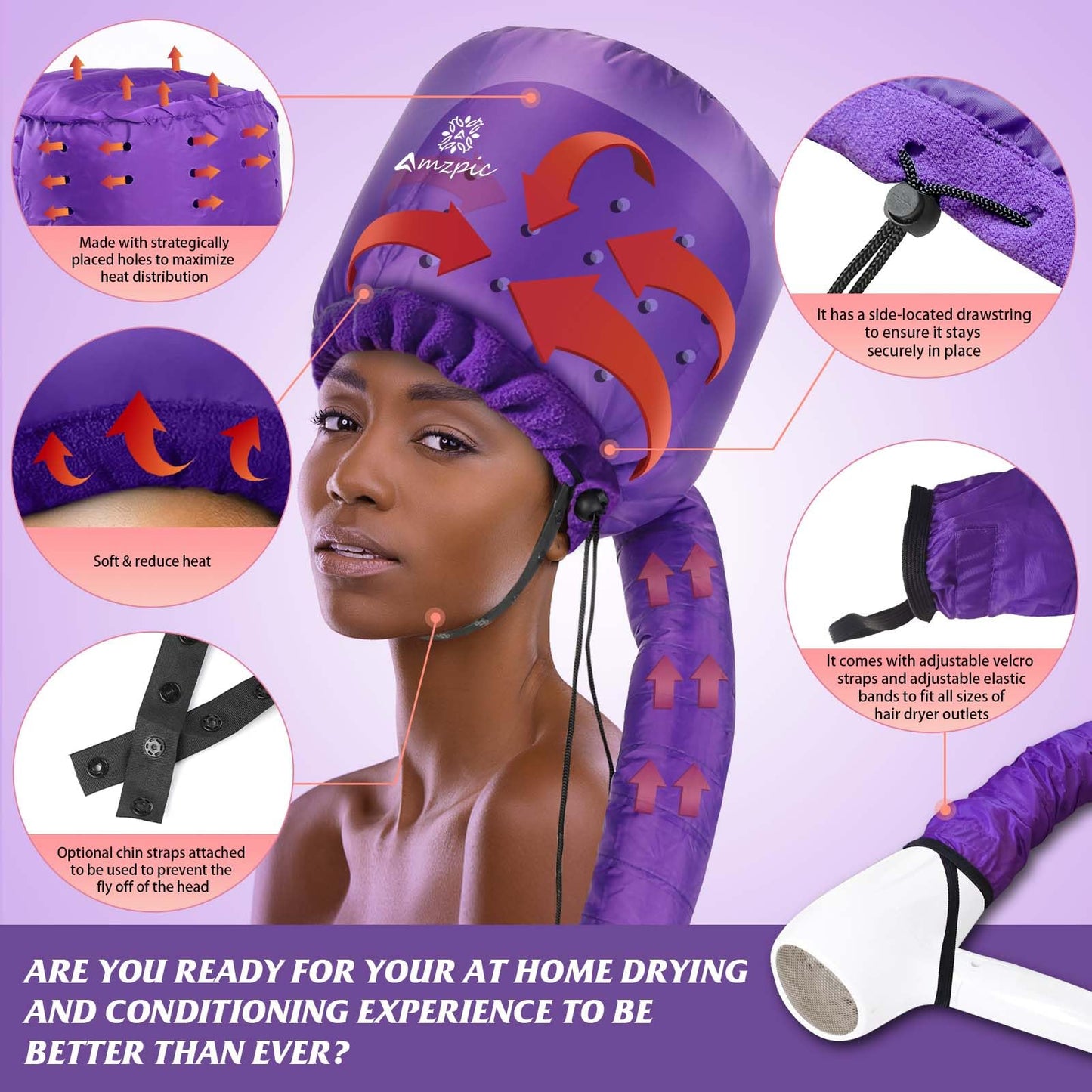 Bonnet Hood Hair Dryer Attachment - Headband Integrated Bonnet Hair Dryer for Speeds Up Drying Time at Home, Easy to Use for Styling, Curling and Deep Conditioning (Purple,Adjustable)