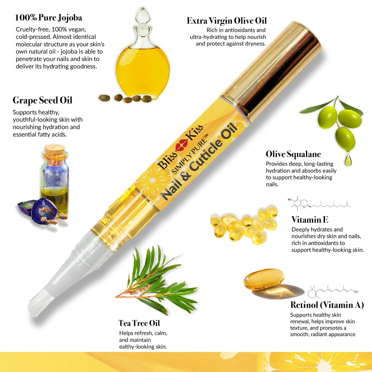Bliss Kiss | 1 Crisp Fragrance | Nail Oil Cuticle Pen w/Vitamin E & Jojoba⏤Nail Strengthener Nail Growth Serum for Brittle Peeling Breaking Thin Nails