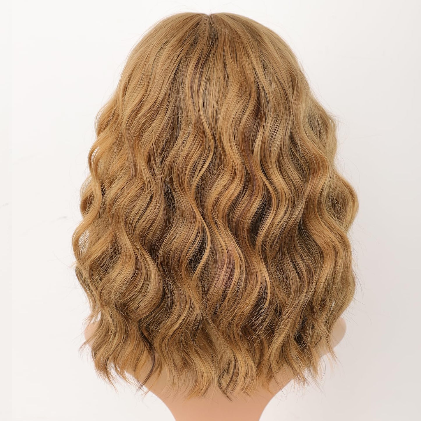 AISI HAIR Synthetic Curly Bob Wig with Bangs Natural Brown with Honey Blonde Highlight Ombre Short Wavy for Women Natural Looking Heat Resistant Bob Wigs