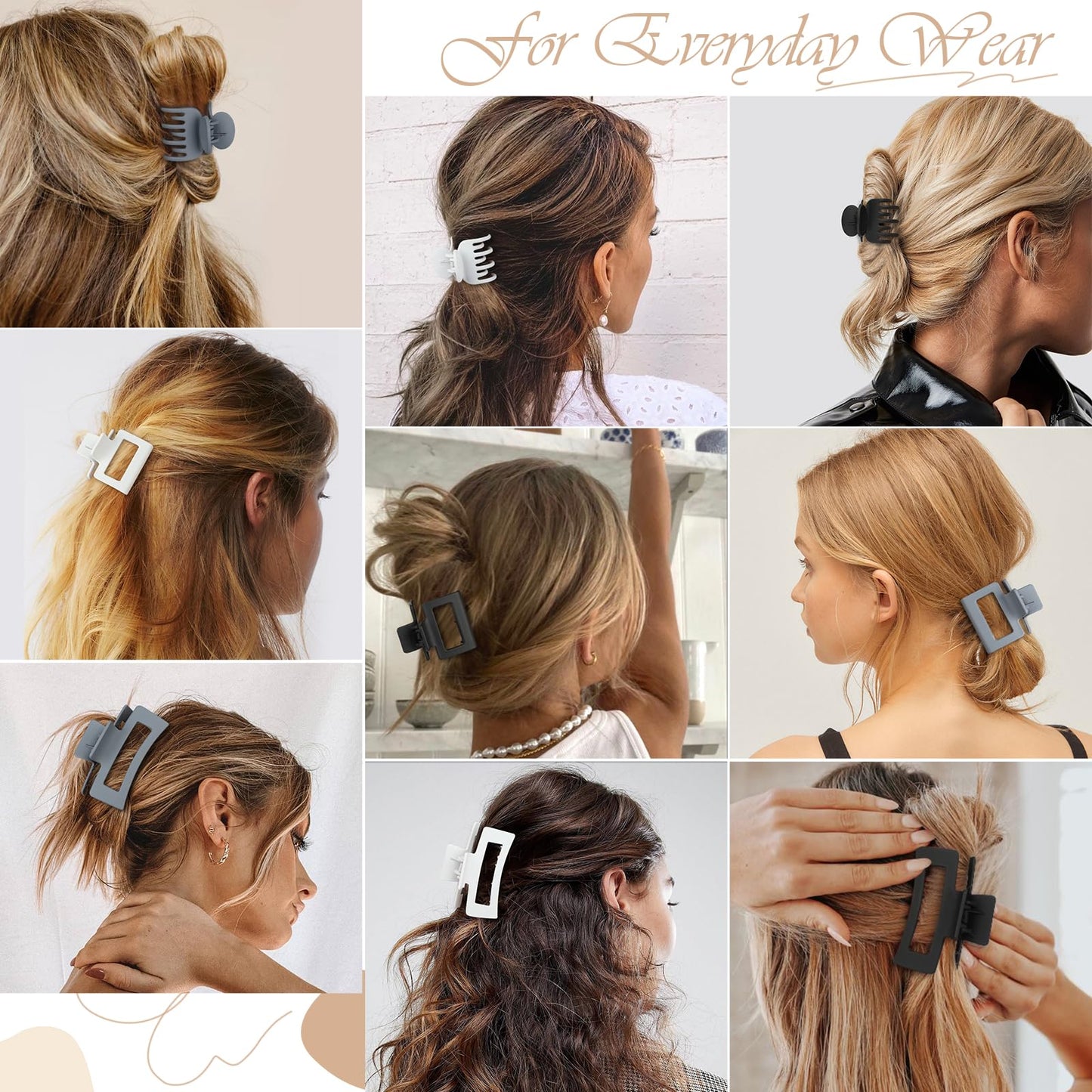 CHANDAT 3 Style Claw Hair Clips Set for Women - 9 pcs Medium Rectangle Clips for Thick Hair, Square Clips for Thin Hair - Grey