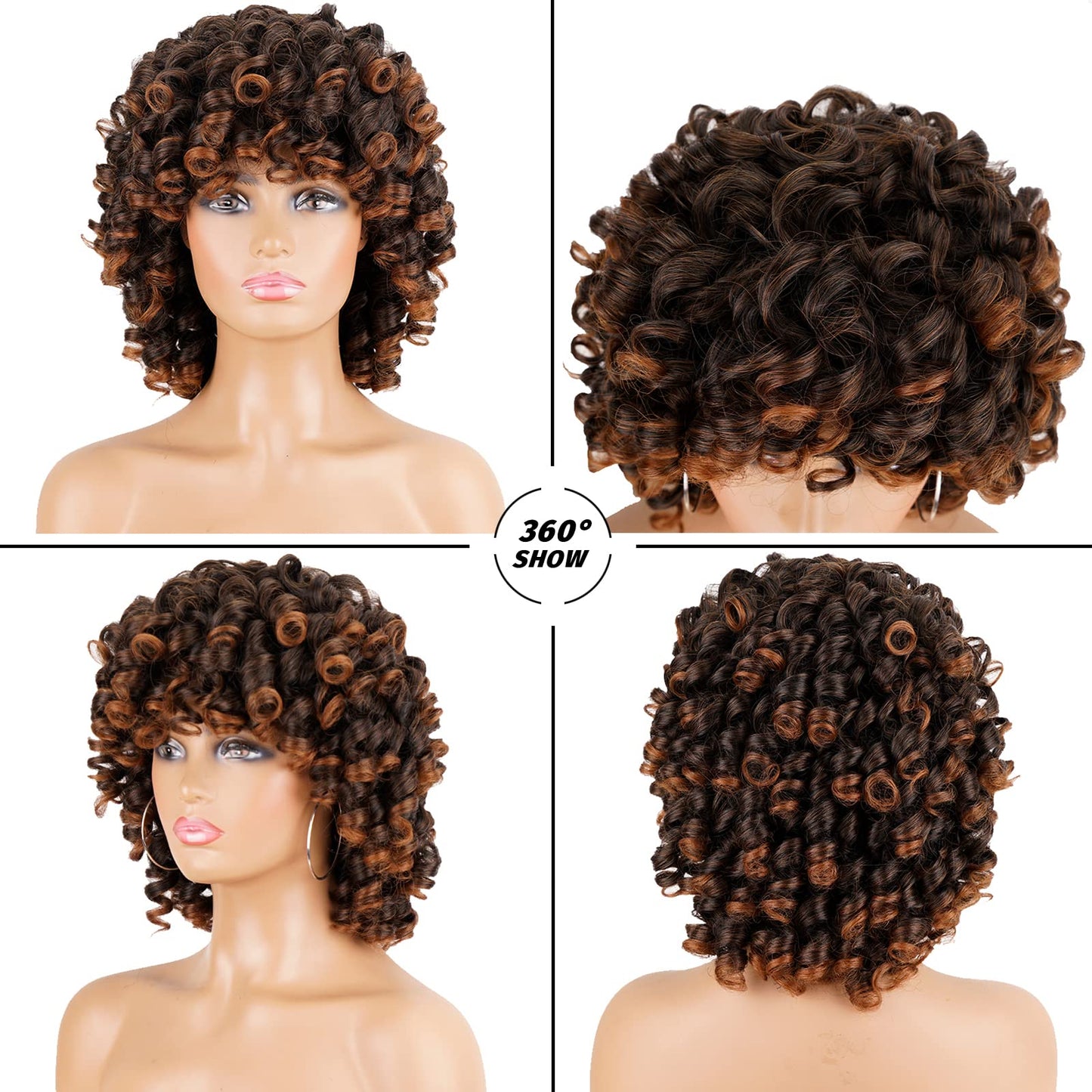 andromeda Curly Wigs for Black Women Brown Short Curly Wig with Bangs Soft Afro Kinky Curly Synthetic Wig for African American Women (T30)