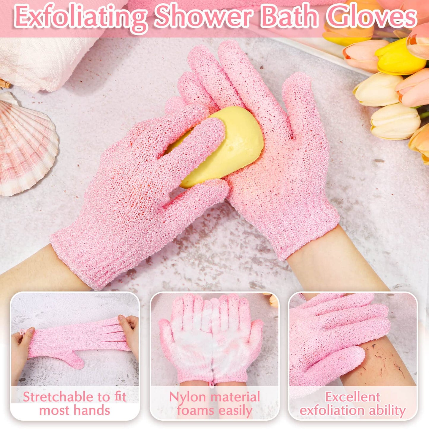 Anezus Exfoliating Shower Bath Gloves Back Scrubber Set for Body, Face, Shower, Bath, Scrub and Exfoliator (Pink)
