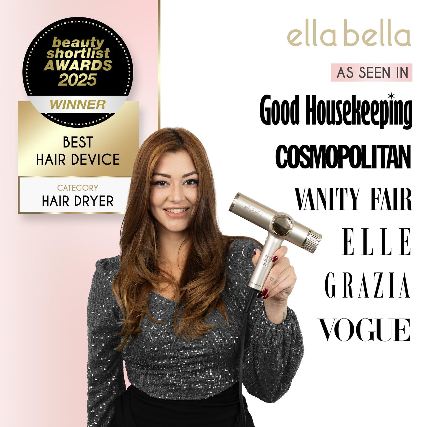 ELLA BELLA® Professional Ionic Hair Dryer with Diffuser • Negative Ion Blow Dryer • Suitable All Hair Types • Intelligent Heat Control & Rapid Drying Speeds • Lightweight Design • Low Noise Technology