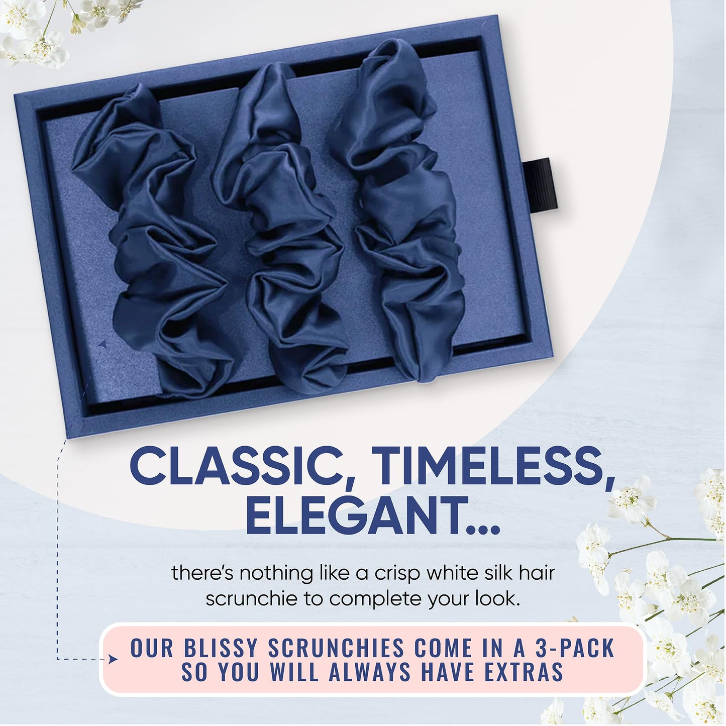 Blissy Silk Scrunchies (3 Pack) - 100% Pure Mulberry Silk - 22 Momme 6A High-Grade Fibers - Silk Scrunchie for Straight & Curly Hair - Preventing Breakage, Tangling, & Creasing (Blue Skinny)