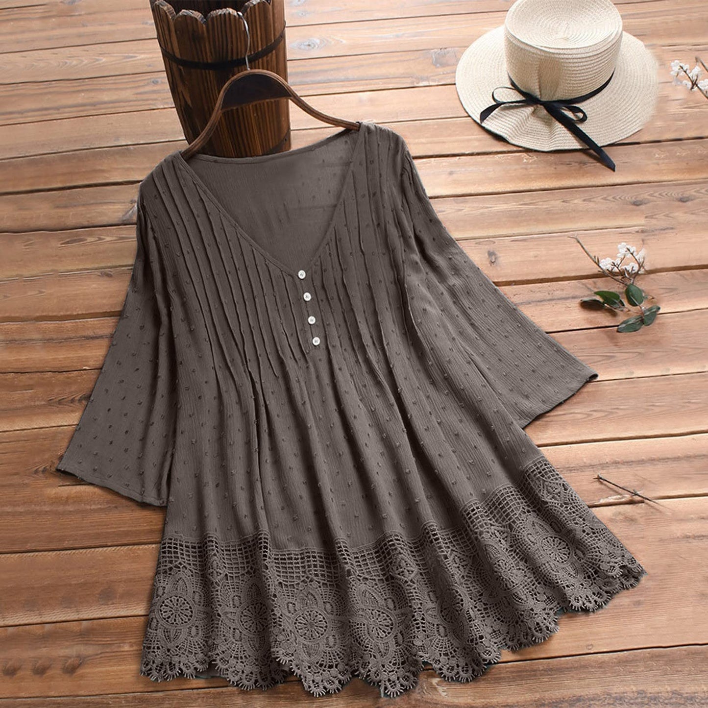 Aniywn Women Round Neck Lace Up Lace Patchwork Flare Pullover Top Casual Plus Size 3/4 Sleeve Floral Printed T-Shirt