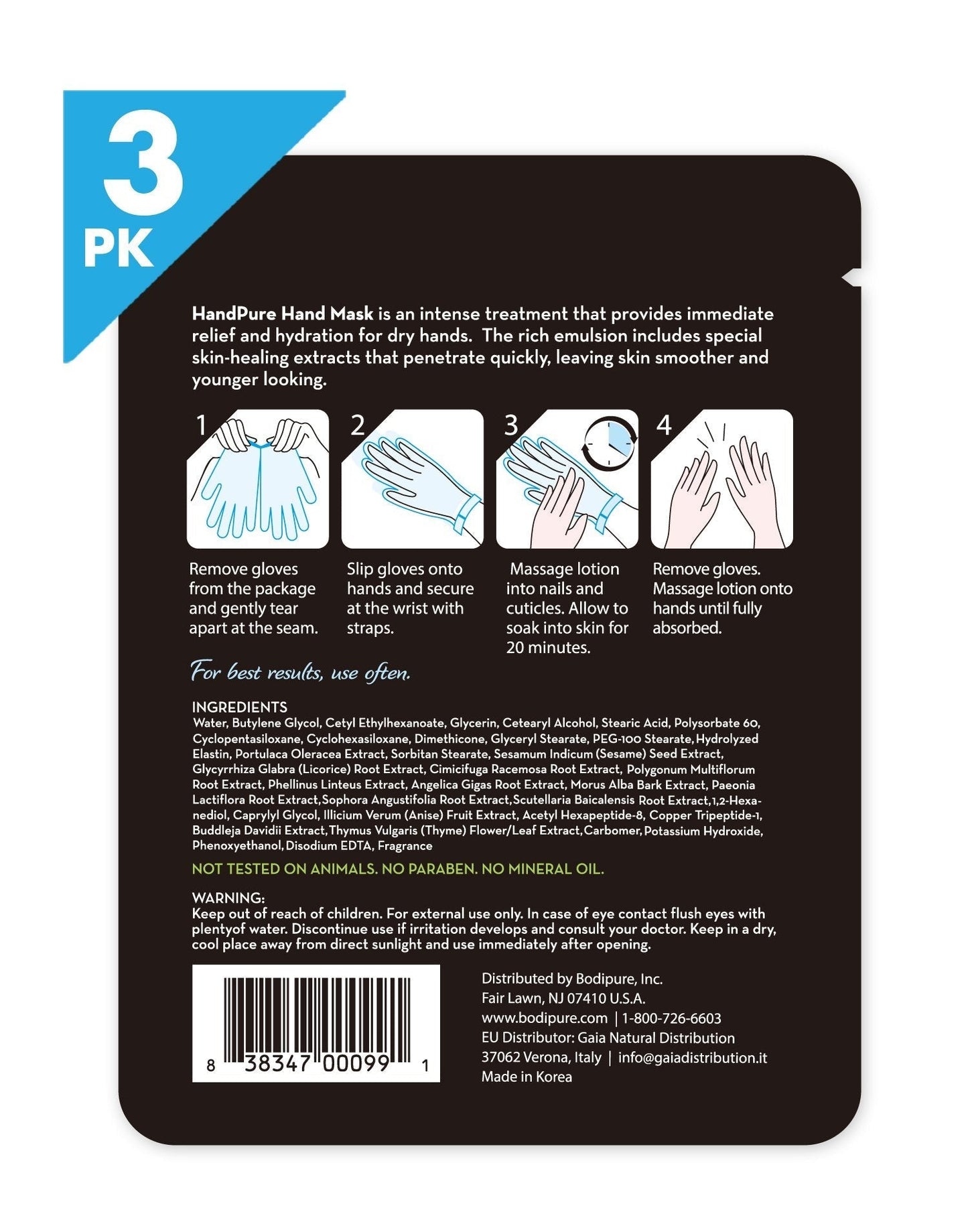 BODIPURE HandPure Hand Mask, Intensive Repairing Treatment for Dry Cracked Hands, Anti-aging Moisturizing Gloves, Repairs Rough and Extra Dry Hands, For Women and Men 3 Pack