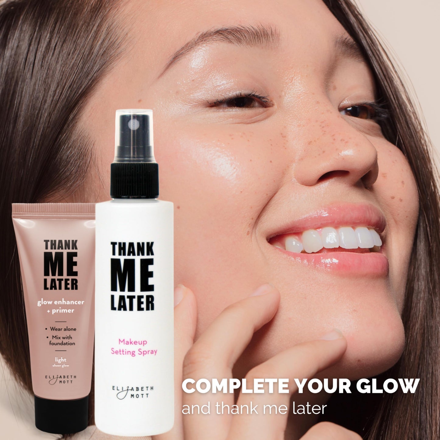 Elizabeth Mott Thank Me Later Glow Enhancer & Primer – Dermatologist & Allergy Tested – Illuminating Makeup Base & Highlighter for a Natural Glow – Vegan, Cruelty-Free - Tan Sheer Glow Shade, 30g