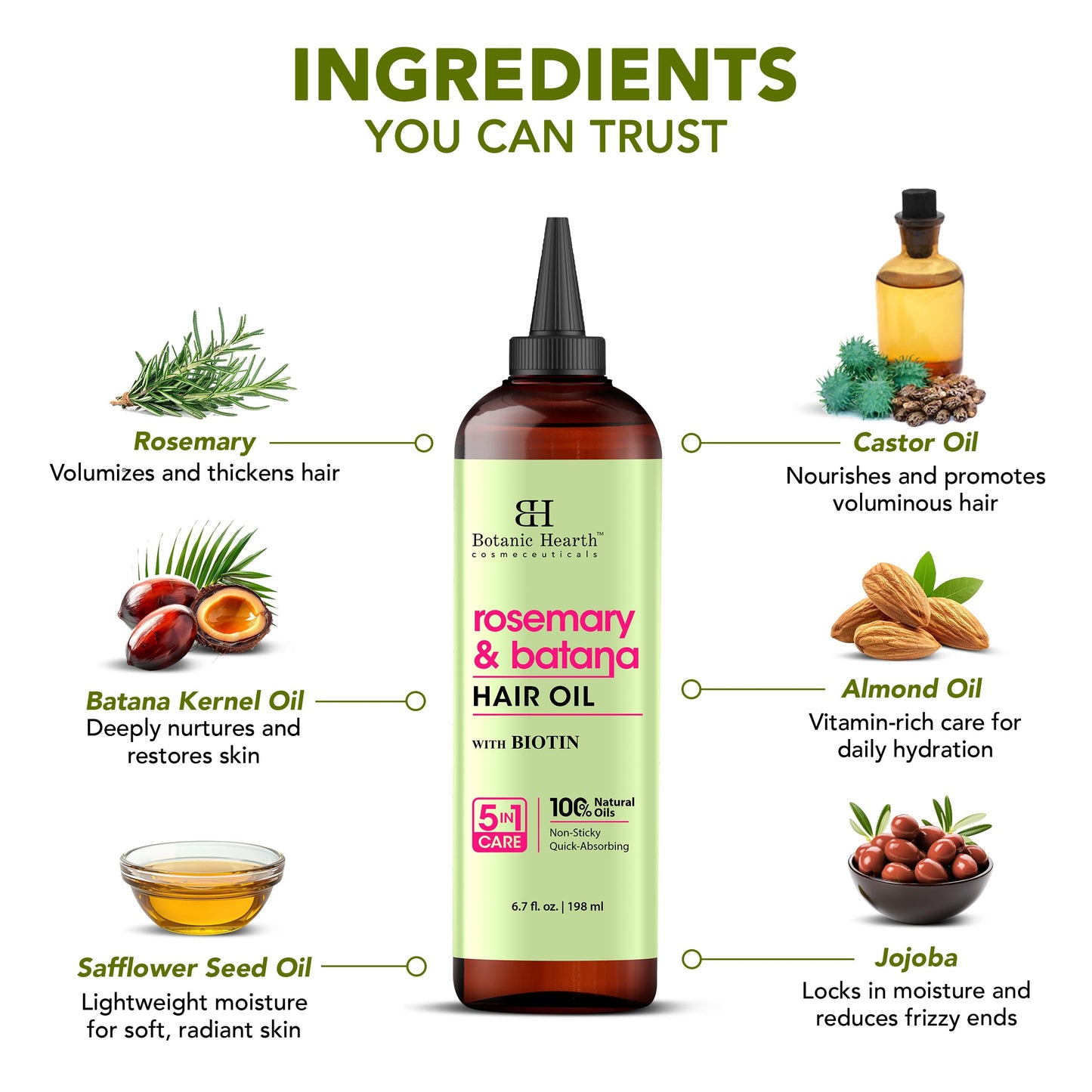 Botanic Hearth Rosemary & Batana Hair Oil (6.7 fl oz) | Revitalizing and Strengthening Hair Treatment for Fuller, Healthier-Looking Hair | Paraben Free | Suitable for All Hair Types