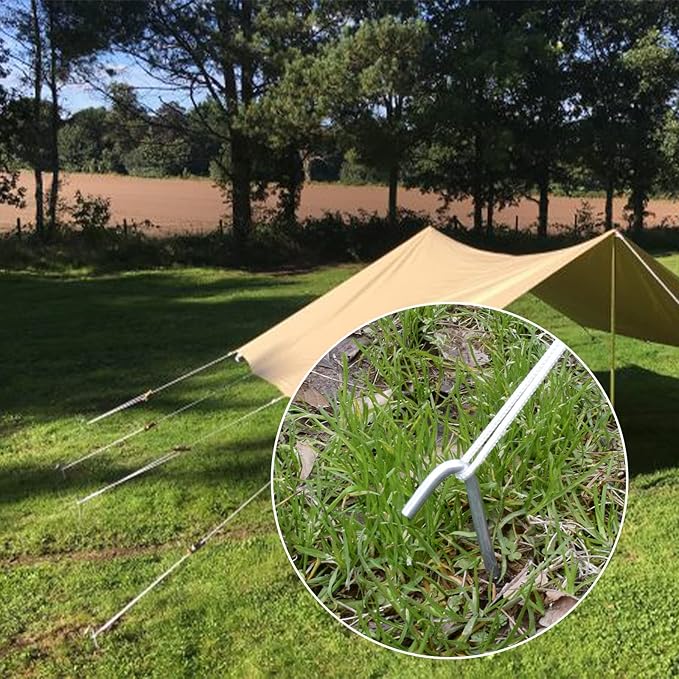 AAGUT 9 Inch Metal Camping Tent Stakes and Ties, 25 Pack Hooked Ground Stakes for Christmas Decorations, Canopy Tent Pegs for Trap, Inflatable Stakes with Tethers and T Hook