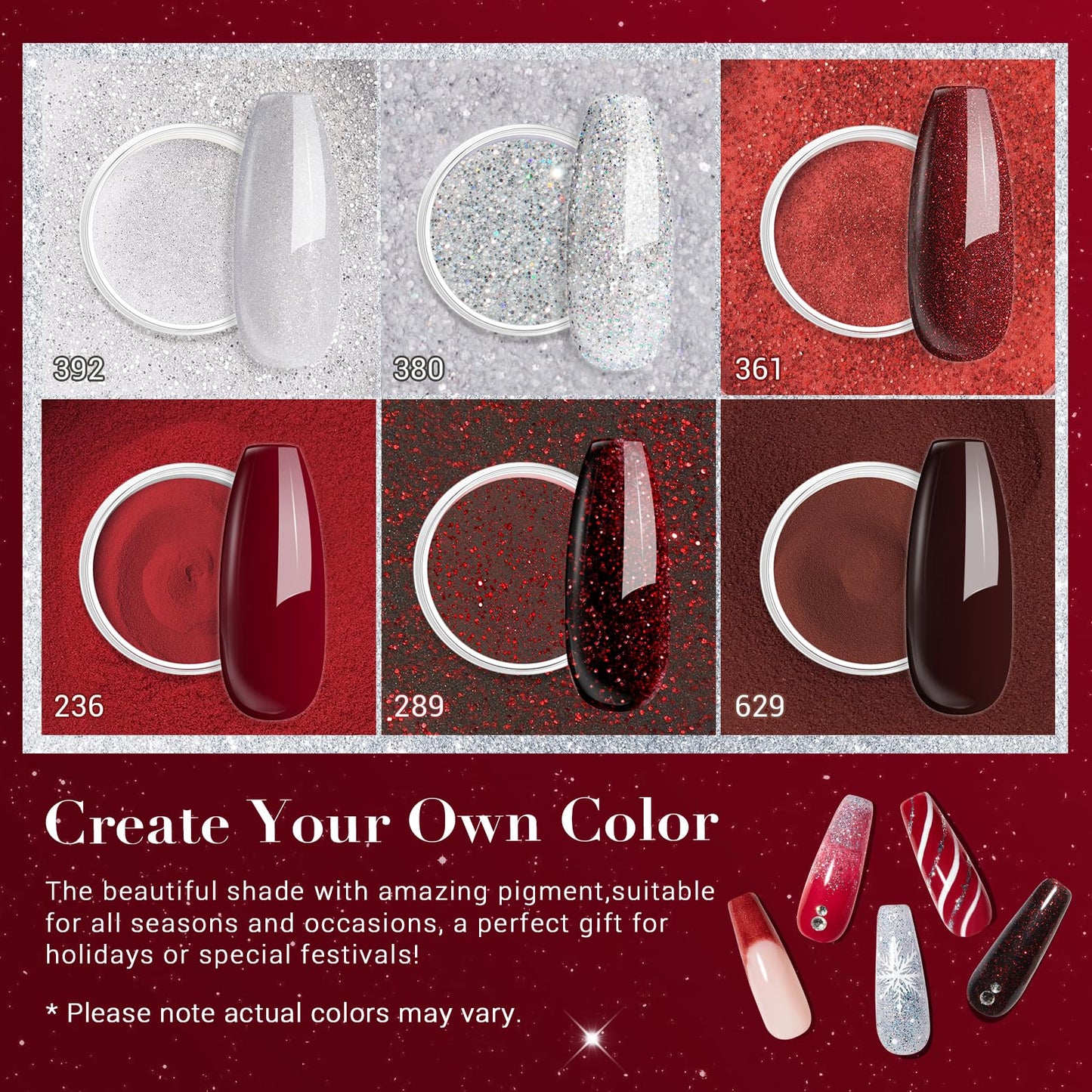 AZUREBEAUTY Dip Powder Set,6 Colors Sparkling Silver&Burgundy Glitter Red Dipping Powder Starter Kit French Nail Art Manicure DIY Salon Gifts for Women,No Need Nail Lamp Cured