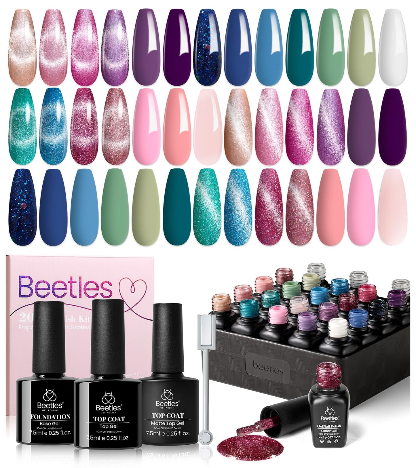 beetles Cat Eye Gel Nail Polish Set, 24Pcs Glitter Gel Nail Polish Blue Pink Purple Green Shimmer Colors Nail Polish with Magnet Stick Glossy & Matte Gel Top Base Coat UV Gift for Women & Girls