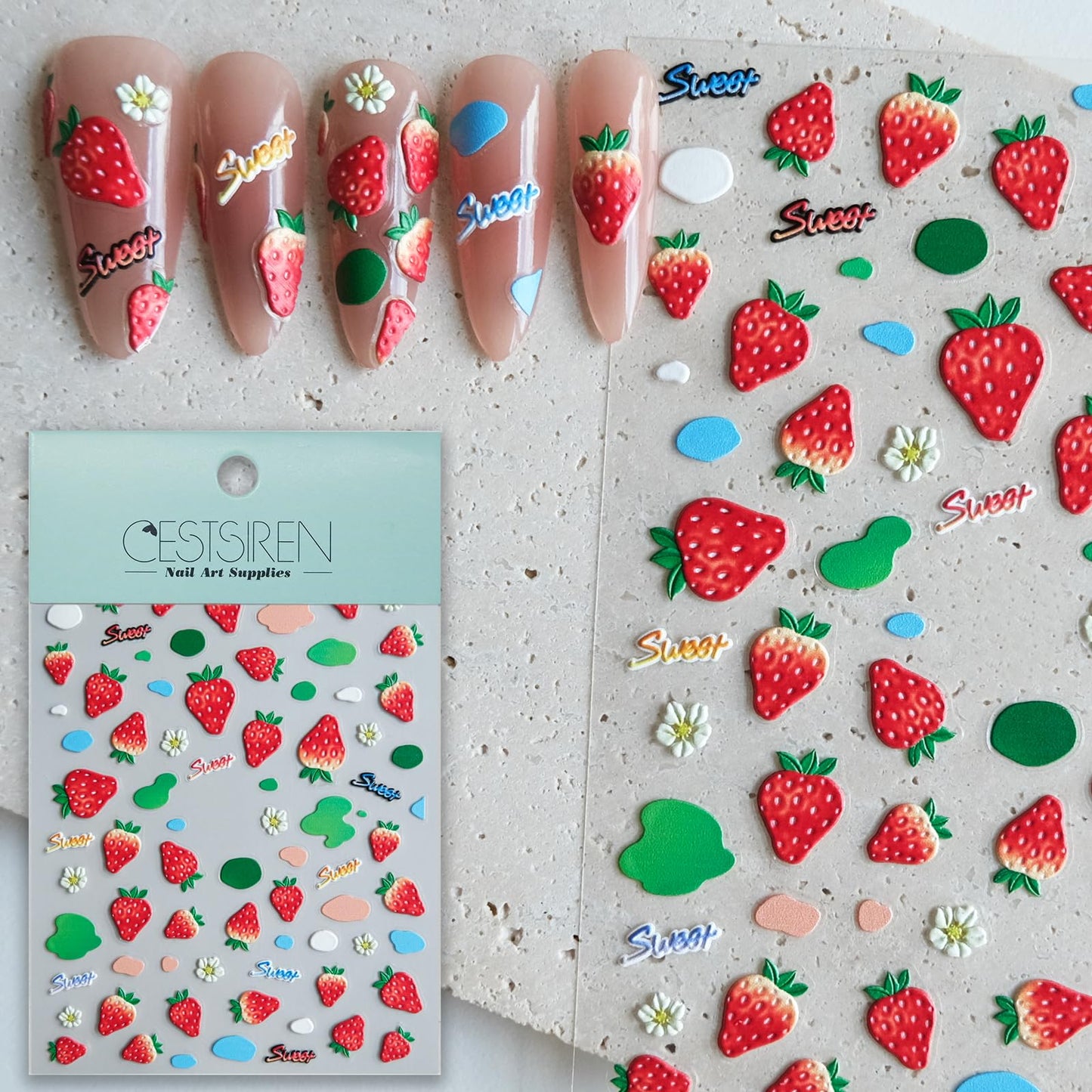 CESTSIREN Strawberry Nail Stickers, Embossed Cute Fruit Decals, Self-Adhesive Art Design, Accessories and Supplies for Women