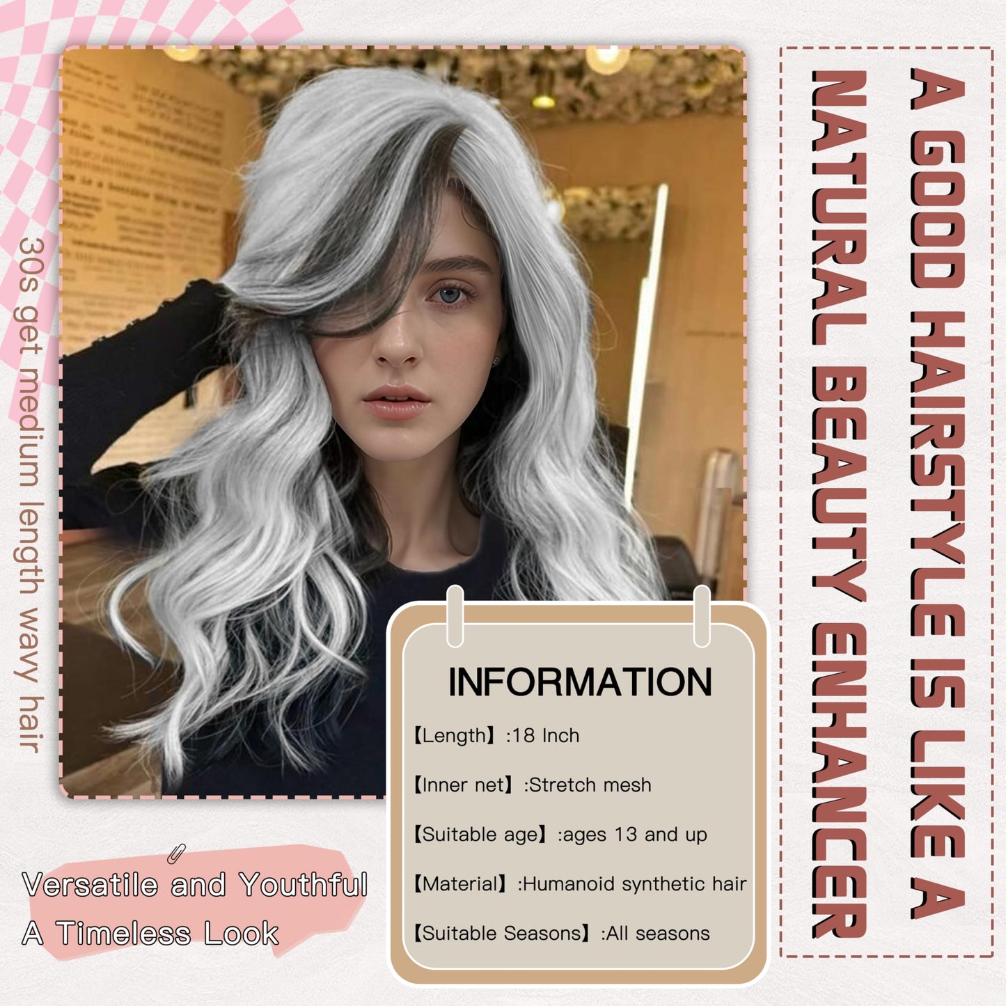 BUPPLER Black and White Wig 18 Inch Medium Length Wigs for Women Middle Part Synthetic Hair Wavy Wig with Upgraded Strands,Natural Hair Wigs for Daily Party/Halloween Use 18Inch,Black and White