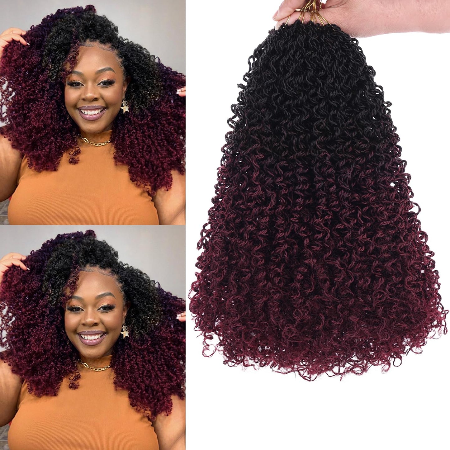 COOKOO 8 Packs 12 Inch Pre-twisted Synthetic Crochet Braiding Hair Ombre Burgundy Short Micro Passion Twists Braiding Hair Pre Looped Yanky Twist Crochet Hair Curly Ends for Women 1B/Bug