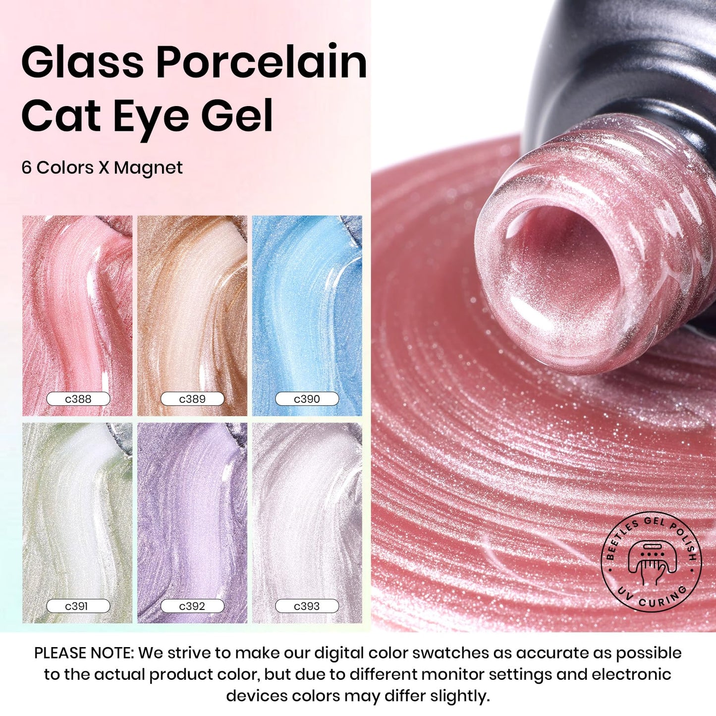 Beetles Cat Eye Gel Nail Polish Set, 6 Colors Jelly Pink Translucent Pastel Blue Purple Orange Green Glass Cat Eye Sheer Gel Polish Kit Soak Off UV Lucite Collection Manicure Gifts for Women