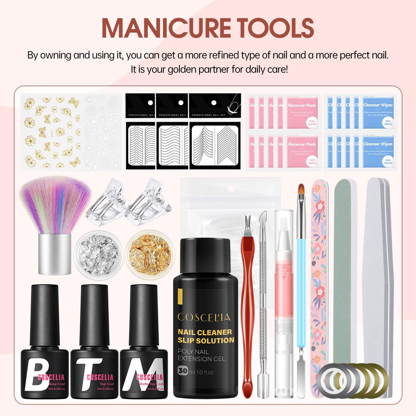 COSCELIA Poly Nail Gel Kit Starter Kit, 8 Colors Nude Pink Clear Poly Nail Extension Gel Kit with U V Light with Everything Matte Glossy Top Coat Nail Stickers Complete Manicure Kit for Women