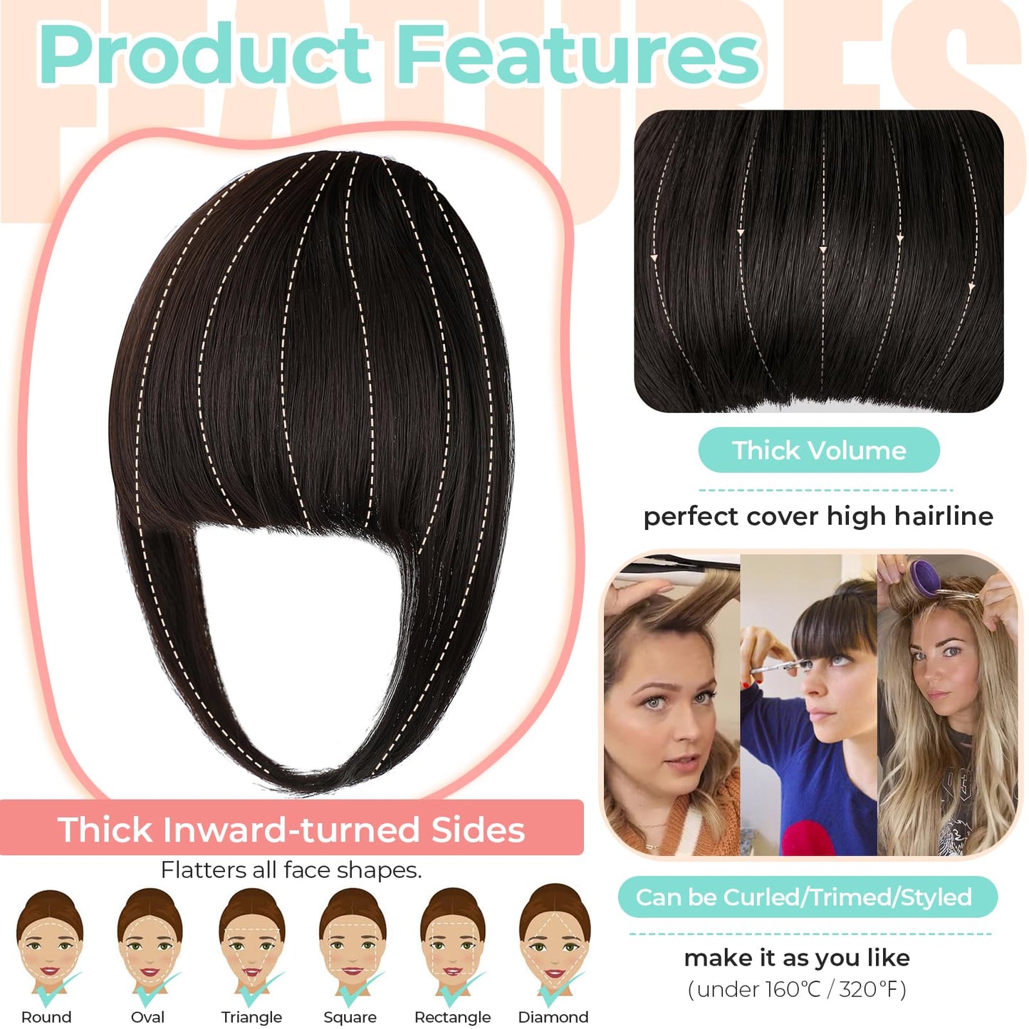 Cephermer Clip in Bangs, Synthetic French Bangs Hair Clip, Fake Bangs Fringe with Temples Hairpieces for Women Natural Curved Bangs Clip in Hair Extensions for Daily Wear Dark Brown