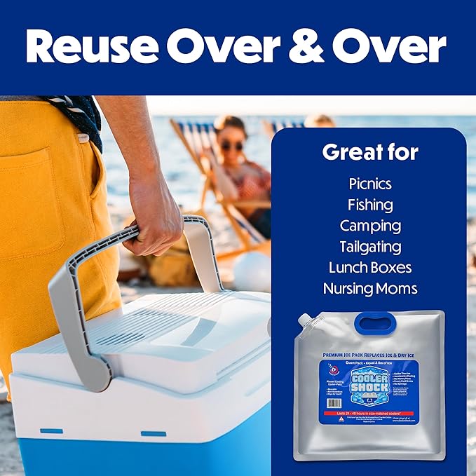 Cooler Shock Reusable Ice Packs for Cooler - Long Lasting Cold Freezer Packs for Coolers and Lunch Boxes - Cooler Ice Packs for Camping Gear, Fishing, Road Trips, Beach Must Haves
