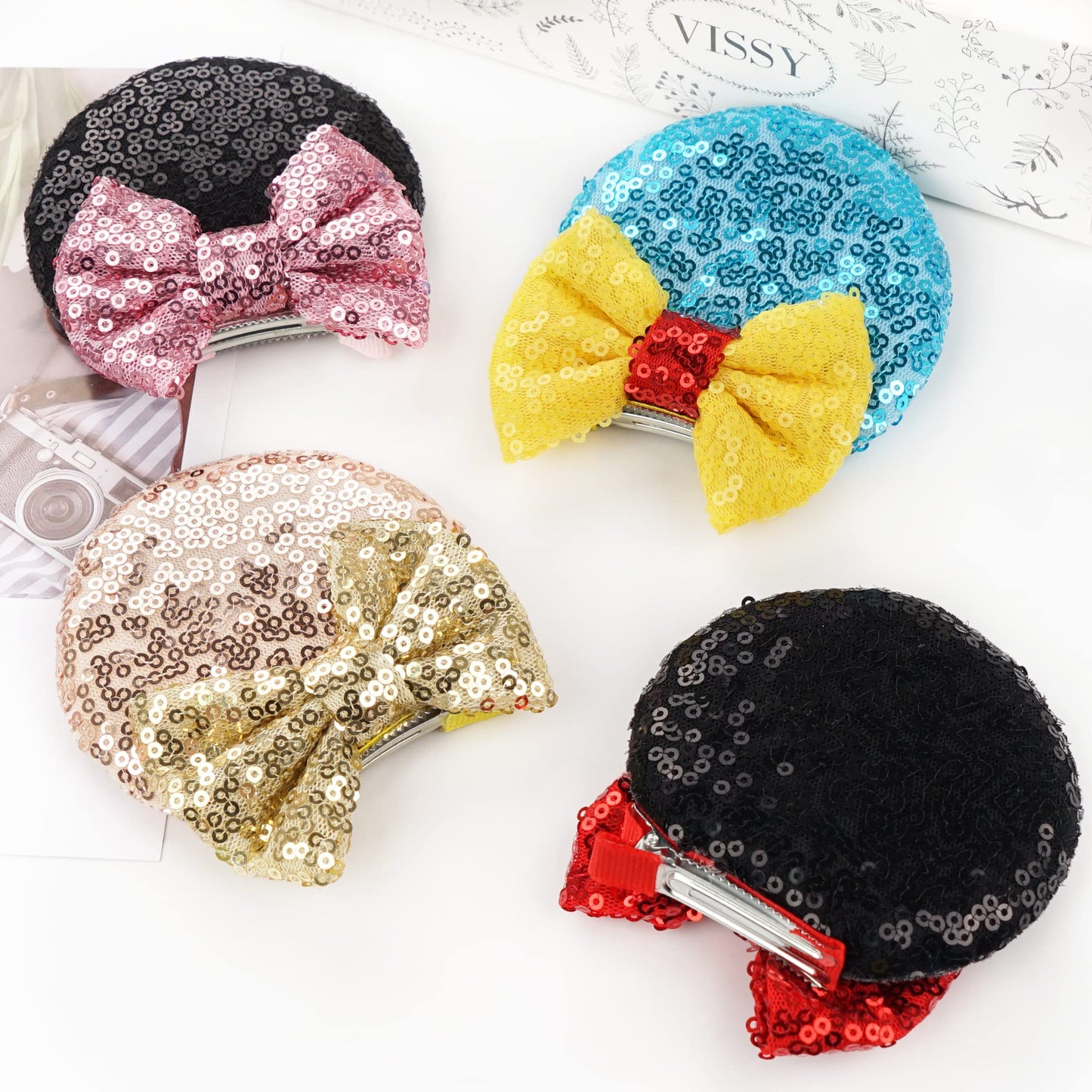 CellElection 8PCS Sequin Mouse Ears Hair Clips Glitter Hair Bows Cute Mice Ears Clips Barrettes for Women Girls Hair Accessories for Costume Party Favor Halloween Christmas Decoration