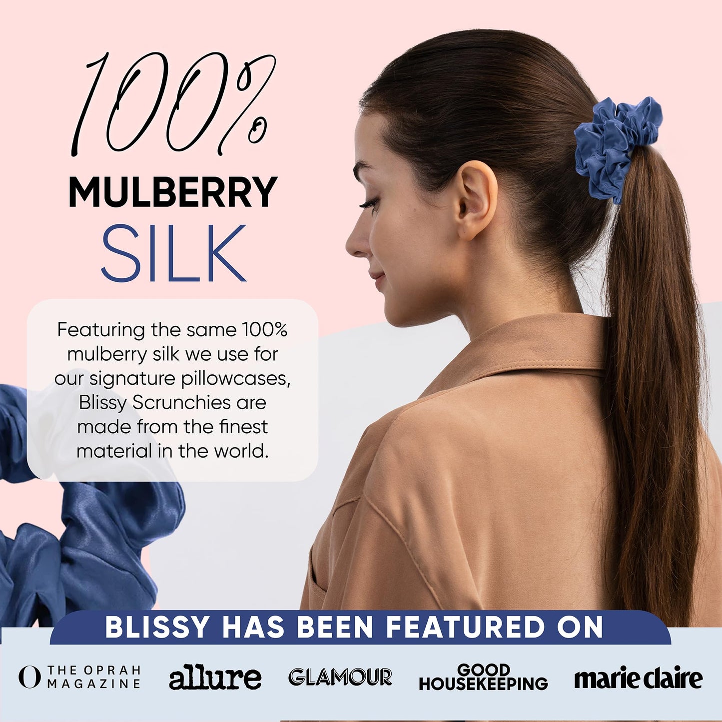 Blissy Silk Scrunchies (3 Pack) - 100% Pure Mulberry Silk - 22 Momme 6A High-Grade Fibers - Silk Scrunchie for Straight & Curly Hair - Preventing Breakage, Tangling, & Creasing (Blue Skinny)