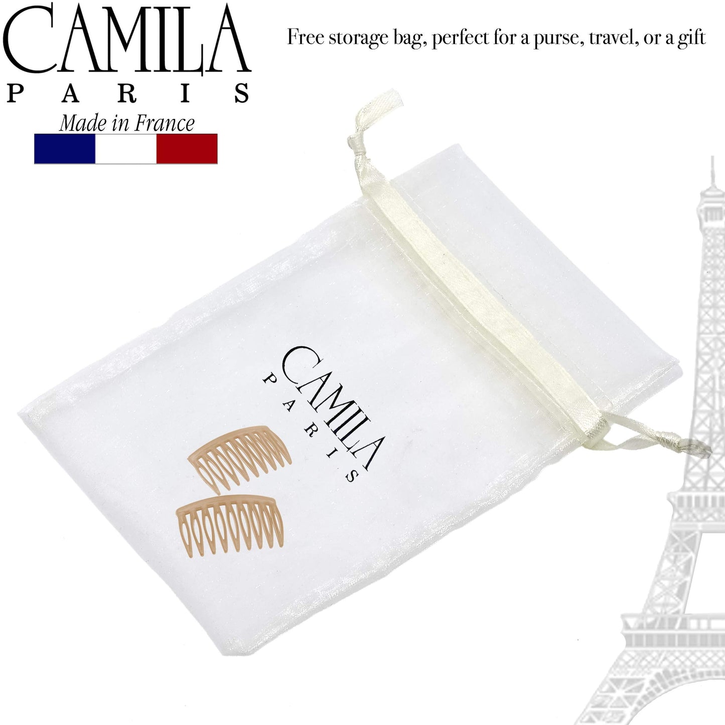 Camila Paris CP3109 French Hair Side Comb, Small, Curved Beige French Twist Hair Combs Decorative, Strong Hold Hair Clips for Women Bun Chignon Up-Do Styling Girls Hair Accessories, Made in France