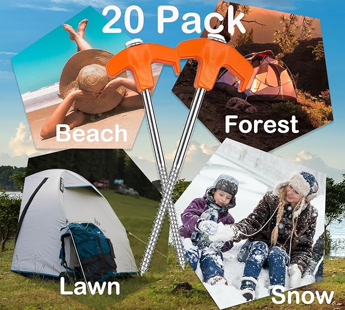 Cheardia 20 Pack Tent Stakes Heavy Duty, 8 Inch Tent Stakes Tent Pegs Camping Non-Rust Ground Stakes for Camping Patio, Garden, Canopies, Grassland, Outdoor (Orange)