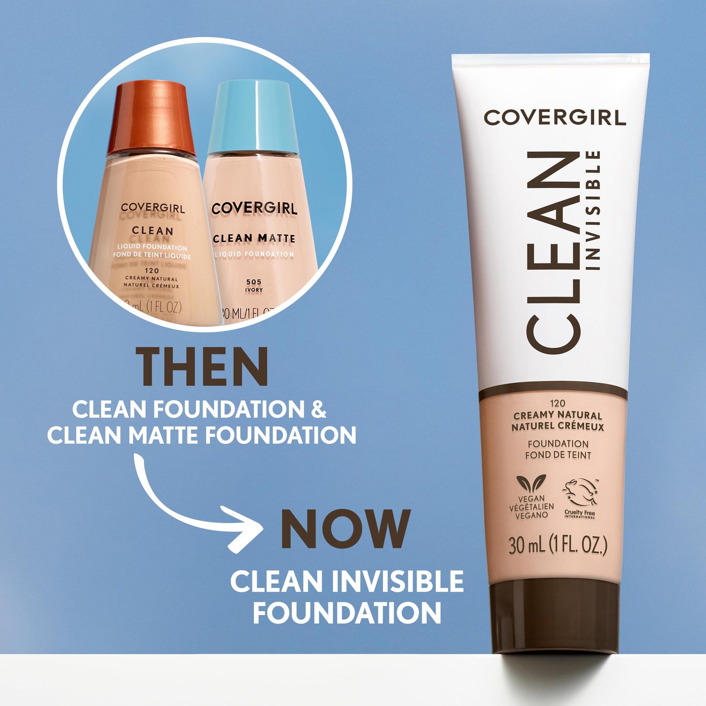 COVERGIRL Clean Invisible Foundation Makeup, Dewy & Glowy Natural Finish, Buildable Coverage, Skin-Like Smooth Look, Vegan, Deep Golden, 1oz