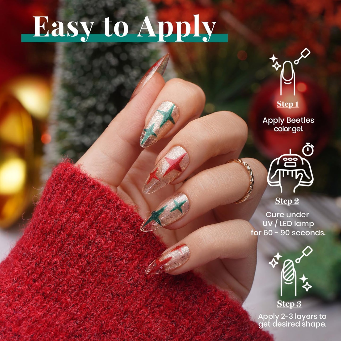 Beetles Gel Nail Polish, Red Sparkle Green Glitter Gold Silver Winter Gel Polish Dark Green Dark Red Gel Polish Kits Soak Off Nail Lamp Uv LED Cured for Nail Art Design for Women
