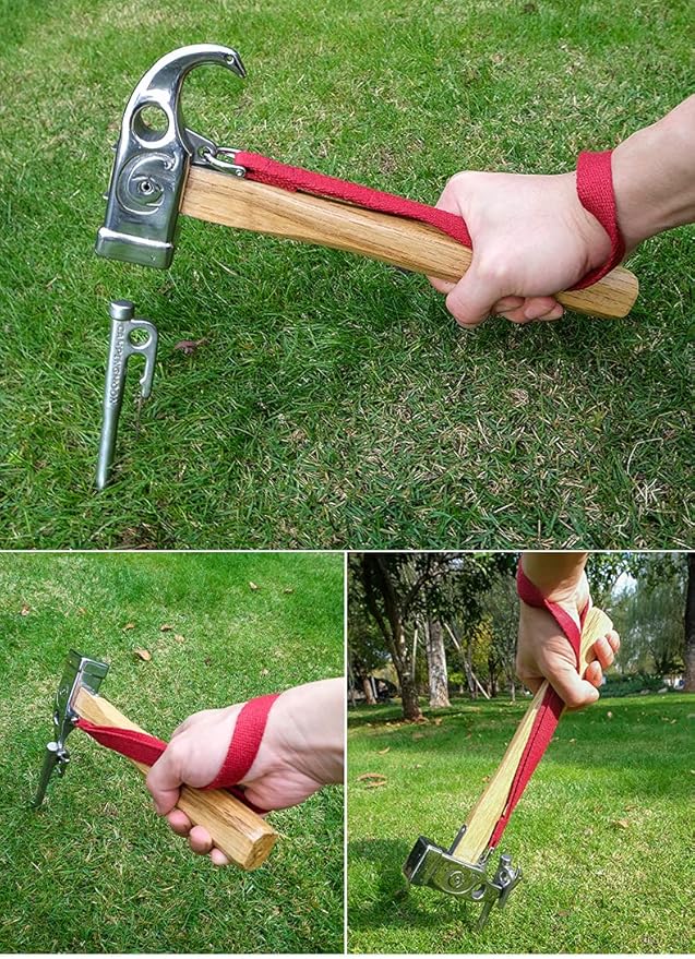 CAMPINGMOON Camping Hammer Peg Tent Stake Hammer Stainless Steel Head Wood Hand with Tent Tarp Stake Remover C6