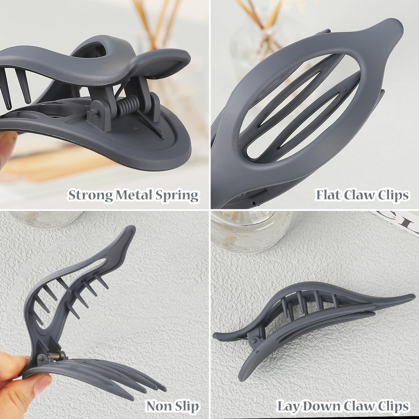 CHANDAT Flat Hair Clip 6 pcs Lay Down Claw Clips Hair Accessories for Women -Grey