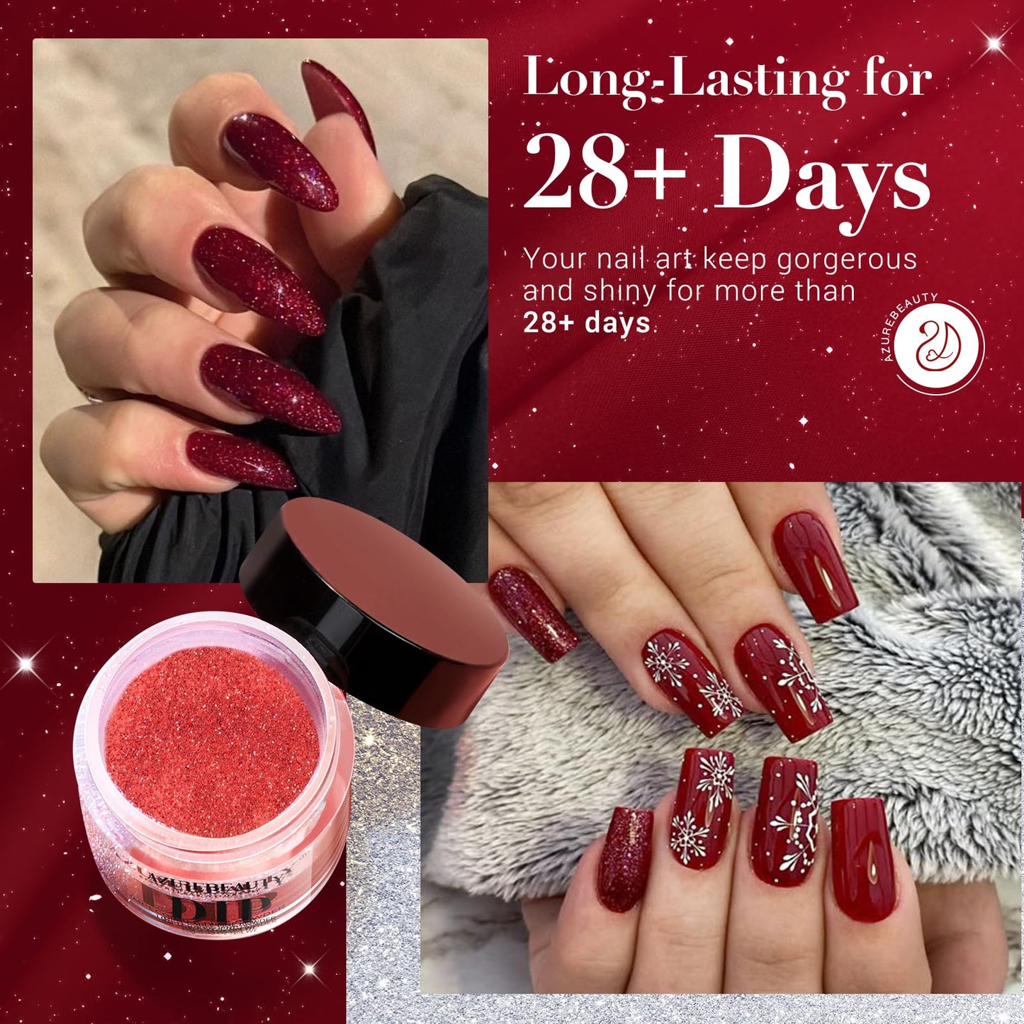 AZUREBEAUTY Dip Powder Set,6 Colors Sparkling Silver&Burgundy Glitter Red Dipping Powder Starter Kit French Nail Art Manicure DIY Salon Gifts for Women,No Need Nail Lamp Cured