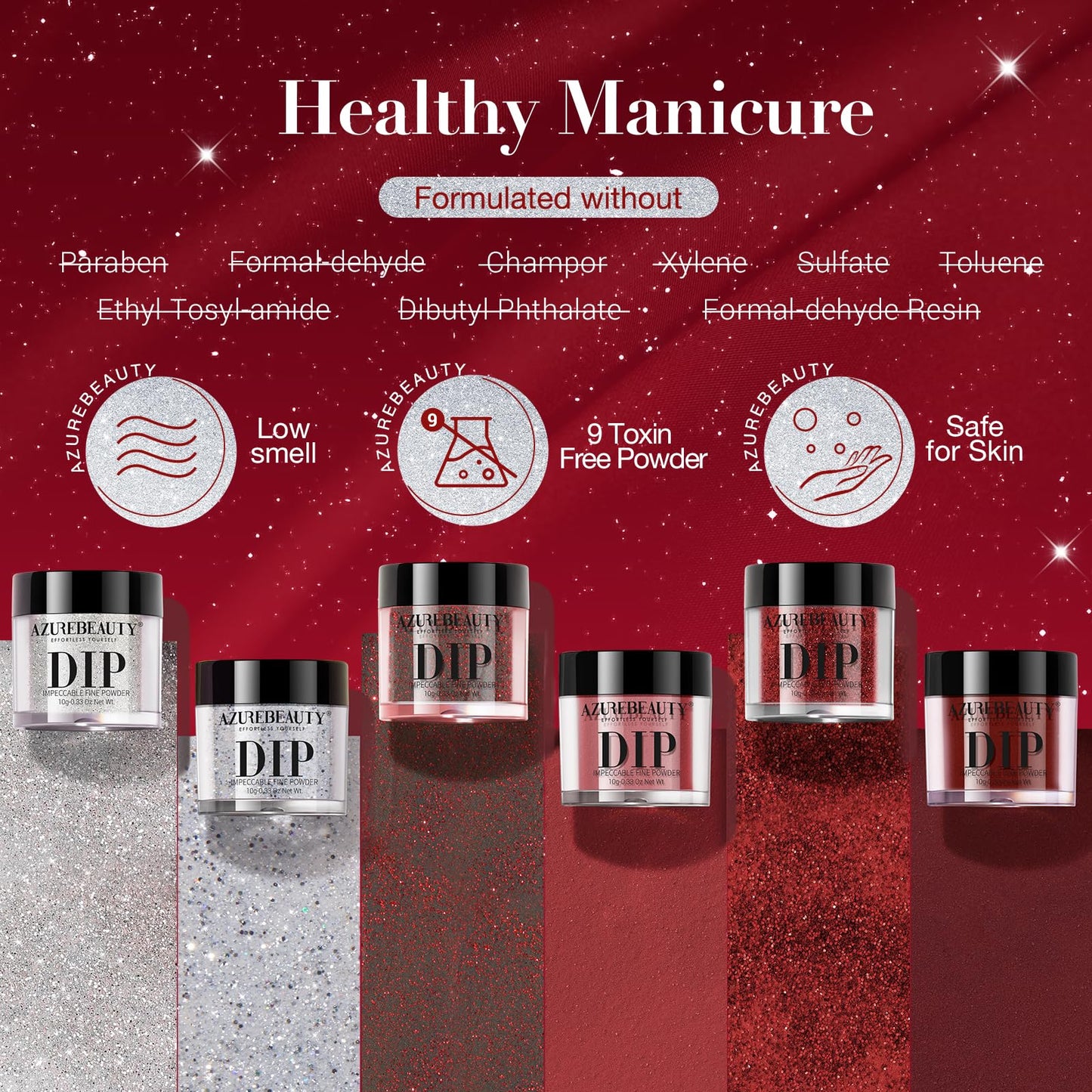 AZUREBEAUTY Dip Powder Set,6 Colors Sparkling Silver&Burgundy Glitter Red Dipping Powder Starter Kit French Nail Art Manicure DIY Salon Gifts for Women,No Need Nail Lamp Cured