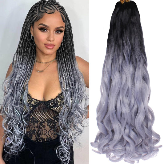 COOKOO 9 Packs 22 Inch Pre-stretched Ombre Grey French Curls Braiding Hair Spanish Curly Braids Hair Wavy Crochet Braids Hair Loose Wavy Crochet Hair Extention for Goddess Box Braids 1B/Grey#