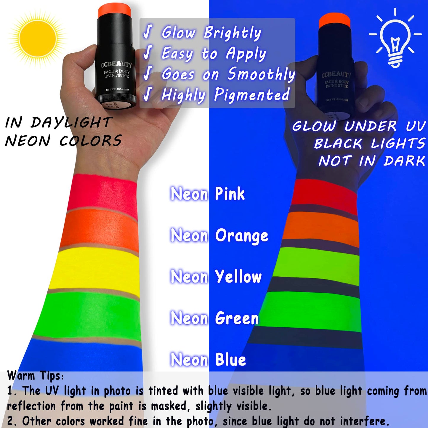 CCBeauty Neon Pink Face Body Paint Stick Oil, Hot Pink Eye Black, Face Painting Kit Glow in the Black Lights Clown Makeup, Halloween Hypoallergenic Foundation for Cosplay Costume Parites