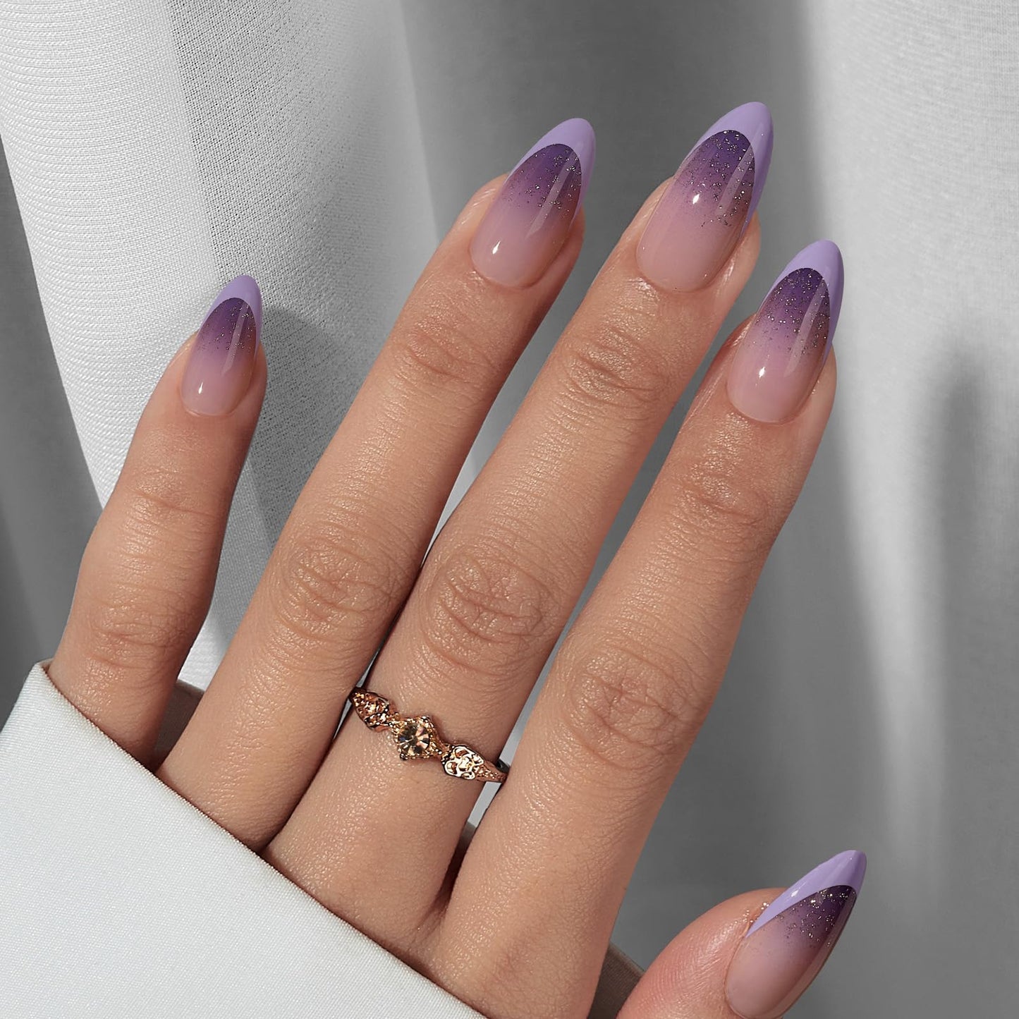 BTArtbox French Tip Press On Nails - Almond Ombre Press On Nails Medium, Glue On Nails with Glitters, Supremely Fit & Natural Reusable Stick On Nails in 15 Sizes, Twilight