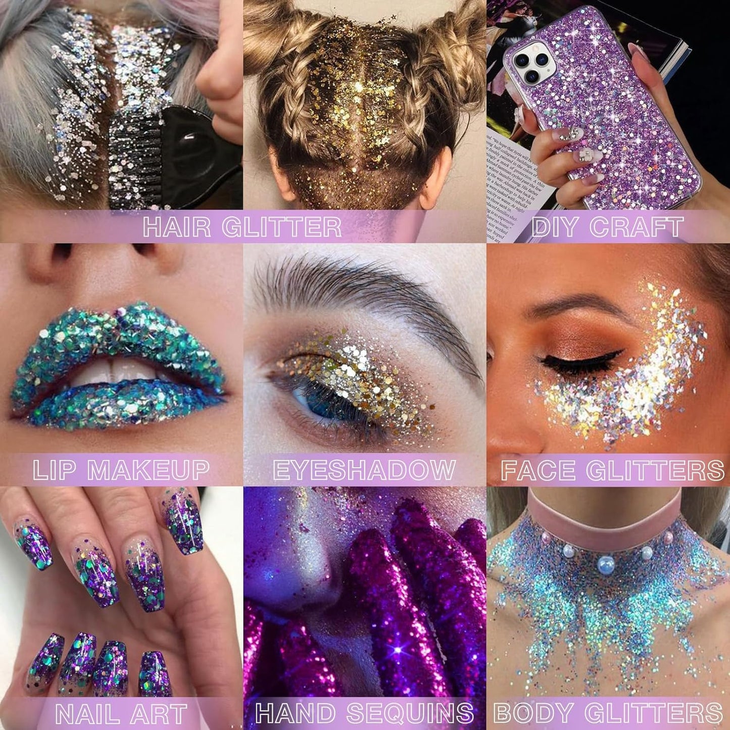 BADCOLOR Gold Blue Red Face Body Glitter Set, Holographic Shimmer Chunky Glitters for Hair Nails Eye Lips, Music Festival Concert Rave Accessories Party, Sparkling Mermaid Sequins Gel Makeup Kit