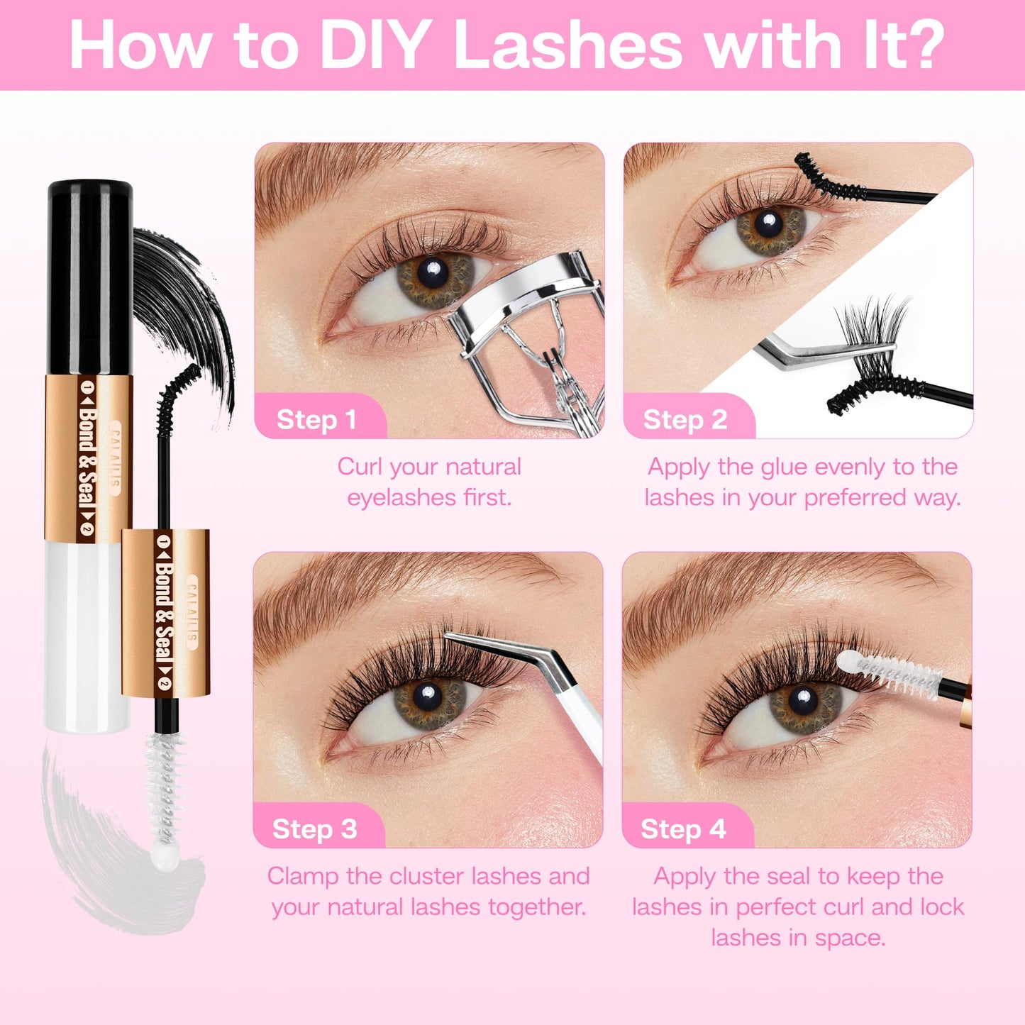 CALAILIS Lash Bond and Seal, Cluster Lash Glue for Eyelash Clusters - Strong Hold, Long Lasting 72 Hours - Waterproof, Non-irritating, Latex-Free (2 Pack)