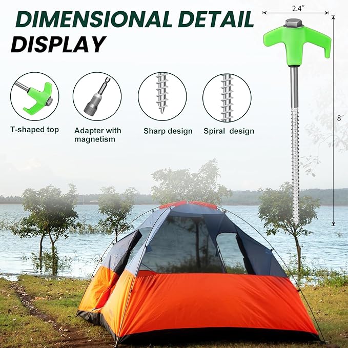 8" Screw in Tent Stakes 12PCS - Ground Anchors Screw - Screw in Tent Stakes Heavy Duty- Tent Pegs Camping Stakes - Hex Pegs Drillable Tent Stakes and Hexagon Head Drive and Storage Box (Green)