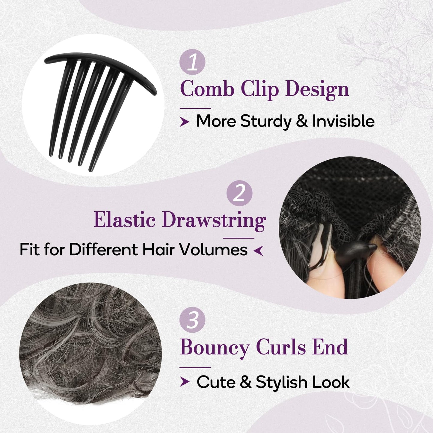 BARSDAR Drawstring Comb Clip Ponytail Extension - 10 Inch Short Wavy Clip in Ponytails Hairpieces for Women - Synthetic Gray Ponytail Extensions Fake Pony Tails - Dark Brown Mix Gray