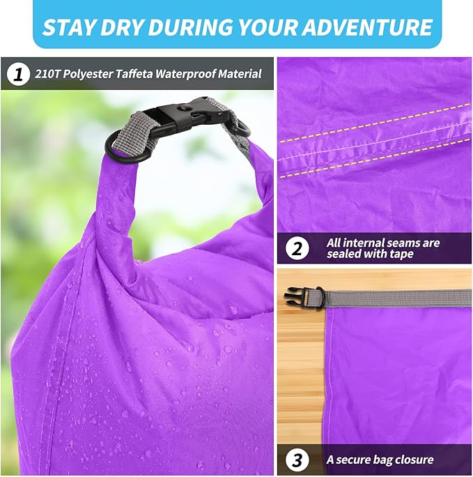 Dry Bag Set, Waterproof Small Lightweight Dry Bags for Paddle Board Kayaking, Fishing, Camping (Purple, 20L 2Pack)